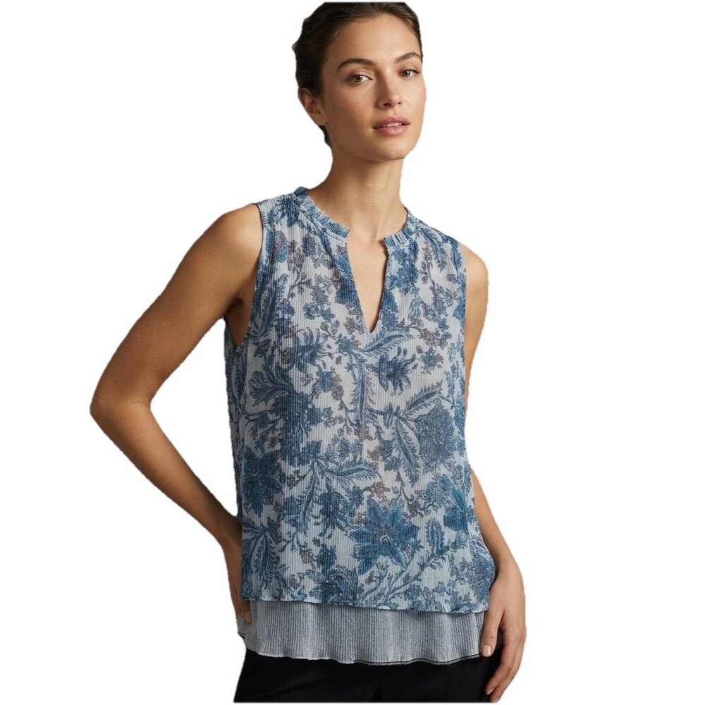 Vanessa Virginia Anthropologie Blue Floral Pleated Top Women M Glitter